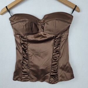 Sele Brown Satin Ruched Strapless Corset Top Bustier CBD49051 Vintage Medium